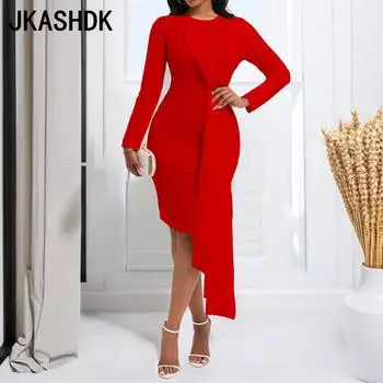 JKASHDK женские модные весенне-осенние однотонные повседневные платья с длинным рукавом и круглым вырезом с высокой талией и принтом S белый