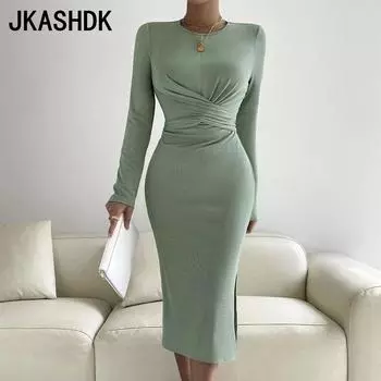 JKASHDK Женские модные весенне-осенние однотонные повседневные платья с длинным рукавом и круглым вырезом со средней талией и принтом S светло-зеленый