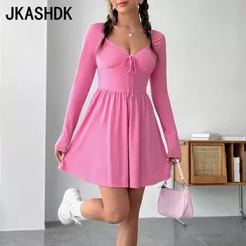 JKASHDK Женские модные весенне-осенние однотонные повседневные платья с длинным рукавом и высокой талией с принтом S розовый