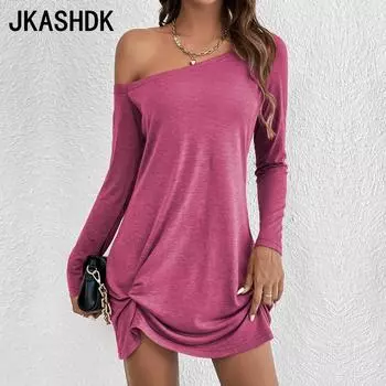 JKASHDK Женские модные весенне-осенние однотонные свободные повседневные платья с длинными рукавами и средней талией S розы красного