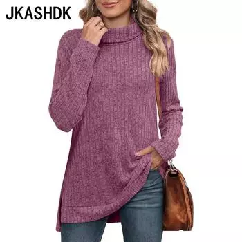 JKASHDK Женский модный повседневный однотонный топ с длинным рукавом и высоким воротом, свободные пуловеры и длинные рукава S чёрный