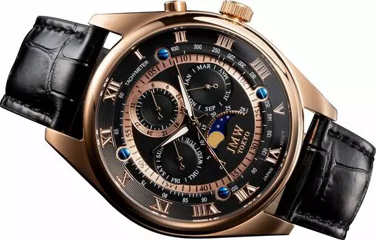 [JMW TOKYO] Мужские усовершенствованные часы с фазами Луны [японский механизм] Ремешок из натуральной кожи Римские цифры Индекс Водонепроницаемость 100 м Тахиметр (Чернить &