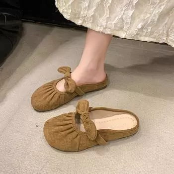 JMXD-bow Bag Head Half Slippers Женская верхняя одежда, весенне-летние замшевые тапочки в стиле феи на плоской подошве в стиле ретро 35 верблюд