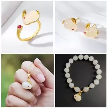 JMXD-браслет с нефритовым кроликом, ожерелье, серьги, комплект из четырех предметов, кулон с зодиакальным кроликом, браслет, серьги