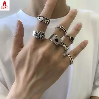 JMXD-Европейские и американские мужские трендовые металлические кольца, набор из 7 предметов, набор полых колец для капель масла с уличным геометрическим рисунком, комбинация колец