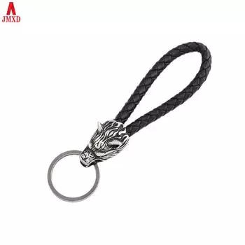 JMXD-Ювелирные изделия, винтажный плетеный кожаный брелок из нержавеющей стали 316, брелок с головой волка, титановая сталь, DIY, брелок для ключей от автомобиля