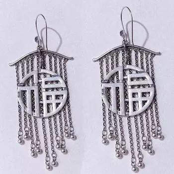 JMXD-персонализированные серебряные серьги-благословения в китайском стиле Tide, преувеличенные литературные и художественные серьги-веера в стиле ретро с бахромой