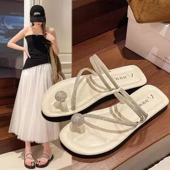 JMXD-плоская подошва, крутые тапочки, женская летняя одежда, стразы, фея, ветер, мягкая подошва, нескользящий носок, пляж, одно слово, перетаскивание 35 бежевый