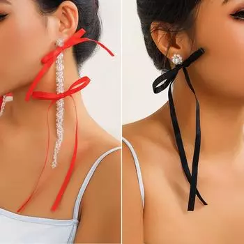 JMXD-преувеличенные тканевые серьги с бахромой, персонализированные серьги-гвоздики с лентой-бантом, искусственным жемчугом и кристаллами, женские украшения Ribbon