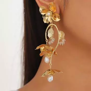 JMXD-retro Металлические серьги с цветком ветра и жемчугом, длинные серьги с бахромой, преувеличенная индивидуальность, серьги-гвоздики, легкие, роскошные, высококачественные серьги золотой