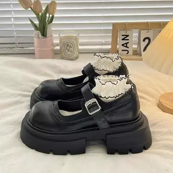JMXD-Spring Shallow Mouth Thick Heel Bottom Loafer Platform Sole Small Leather Shoes for Women British College Style Mary Jane Single Shoes for Women 35 чёрный