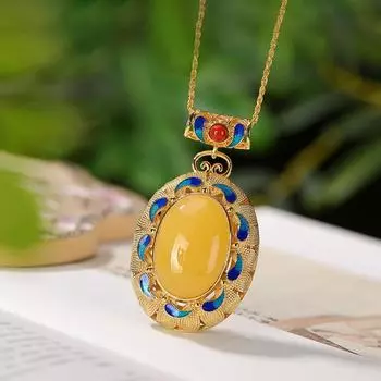 JMXD-Temperament античный позолоченный натуральный янтарь пчелиный воск яйцо поверхность подвеска Guochao суд перегородчатая эмаль женская подвеска