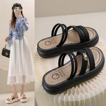 JMXD-thick-soled Beach Slippers Women s Fashion Versatile, Casual Summer Wear Soft-soled Muffin One-word Sandals Women 35 бежевый