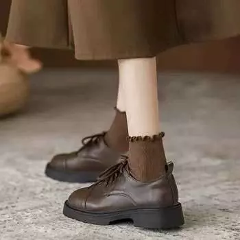 JMXD-Trendy Women’s Preppy British Style Lace-Up Flat Leather Loafers Black for Spring Autumn, Versatile Comfy Lightweight Casual Oxford Shoes 35