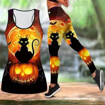 Йога-наряд с принтом тыквы на Хэллоуин для женщин, модные леггинсы для тренировок, фитнес-спорт, повседневные штаны для йоги XS чёрный