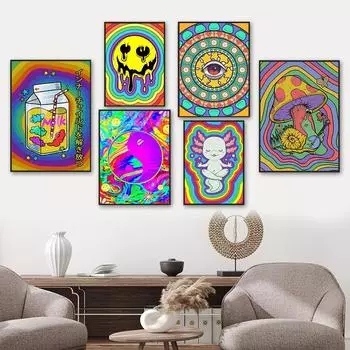 Йога Ретро Глаз Психоделический Плакат Принт Радуга Красочная Холст Картина Абстрактная Улыбка Лицо Искусство Фотографии Детская Комната Настенный Декор 21x30cm No Framed