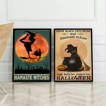 Йога-ведьма и черный кот, бродящие тыквы, блестящий постер, холст, картина, Хэллоуин, колдовство, кухня, настенные художественные принты, домашний декор 21x30cm No Framed