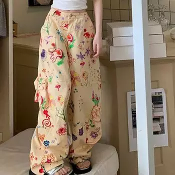 Joggers Baggy Cargo Pants Multi Pockets Flower Printing Pants Women Korean Y2k Wide Leg Pants Lady XL абрикосовый