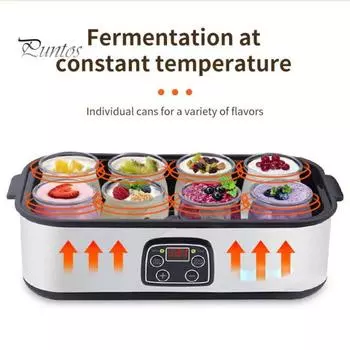 Йогуртница с регулируемой температурой и контролем времени, розетка ЕС, постоянная температура ферментации, 8 независимых резервуаров, высокая емкость для домашнего приготовления серый