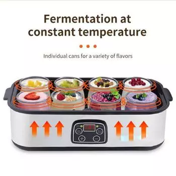Йогуртница с регулируемой температурой и контролем времени, розетка ЕС, постоянная температура ферментации, 8 независимых резервуаров, высокая емкость для домашнего приготовления серый