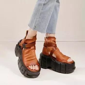 Johnature/11 см, сандалии в стиле ретро на толстой подошве, женские удобные туфли на танкетке и каблуке из натуральной кожи с открытым носком 40 чёрный