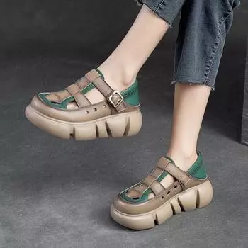 Johnature/2023 летние новые разноцветные сандалии в стиле ретро на толстой подошве с круглым носком и пряжкой из натуральной кожи, модная женская обувь на платформе 35 зелёный
