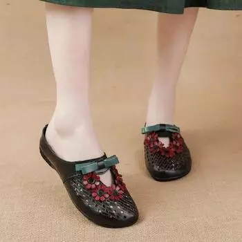 Johnature/этнические тапочки из натуральной кожи с цветочным узором, женская обувь на низком каблуке, полые шлепанцы снаружи 35 чёрный