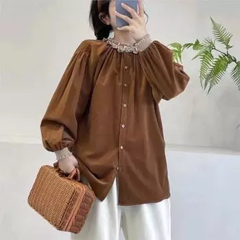 Johnature Autumn Winter Japanese Fungus Trimmed Round Neck Corduroy Shirt Women Loose Forest Top One Size хаки
