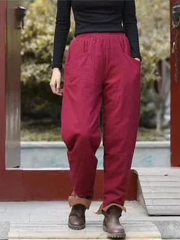 Johnature Autumn Winter Leisure Elastic Waist Harem Pants Comfortable All-match Women Full Length Pants M чёрный