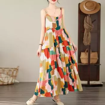 Johnature без рукавов с принтом на тонких бретельках, летние повседневные свободные платья для пляжного отдыха, простое женское платье хитового цвета One Size