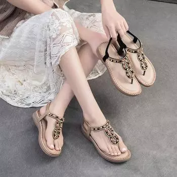 Johnature богемные шлепанцы, универсальная удобная пляжная женская обувь с плоской подошвой для отдыха и отдыха 36 бежевый