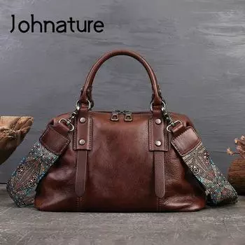Johnature большая вместительная повседневная сумка из натуральной кожи, винтажная женская сумка, мягкая деловая сумка из натуральной яловой кожи, сумки на плечо коричневый