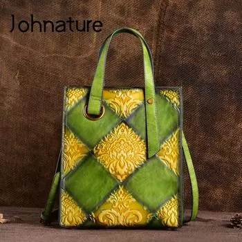Johnature большая вместительная женская сумка-мешок из натуральной кожи в стиле ретро, мягкая сумка из воловьей кожи, сумки ручной работы на плечо и через плечо зелёный