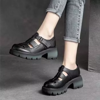 Johnature/босоножки из натуральной кожи с круглым носком и толстой подошвой на липучке, универсальные модные женские туфли на платформе