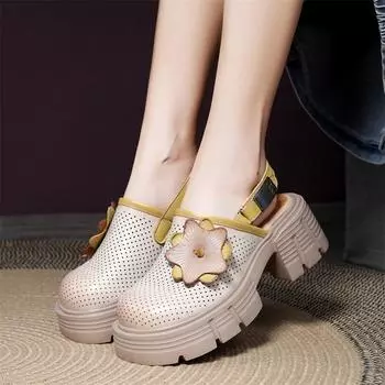 Johnature/босоножки на высоком каблуке из натуральной кожи с круглым носком и толстой подошвой, универсальные тапочки ручной работы, женская обувь 37 бежевый