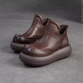 Johnature Ботильоны из натуральной кожи на толстой подошве в стиле ретро с круглым носком и увеличивающие рост женские туфли на платформе 35