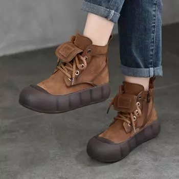 Johnature Ботильоны из натуральной кожи в стиле ретро с круглым носком и толстой подошвой, универсальные женские короткие ботинки со шнуровкой 35 коричневый