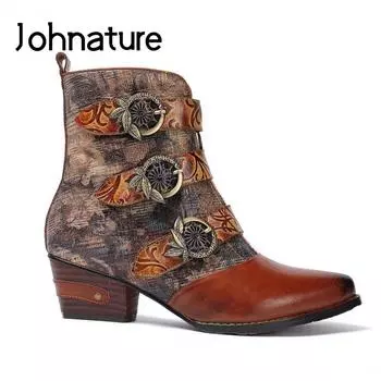 Johnature ботильоны женская обувь из натуральной кожи в стиле пэчворк на молнии с острым носком этнические ботинки ручной работы на платформе