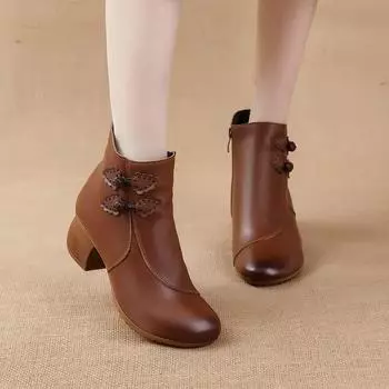 Johnature/ботинки из натуральной кожи на среднем каблуке, теплая удобная женская обувь в стиле ретро с круглым носком