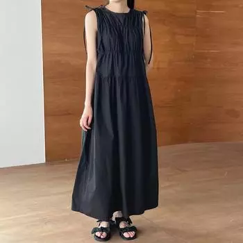 Johnature Bow Tie Pleated Simple Vest Dress Women Summer Sleeveless Korean Casual Solid Color Loose Female Dresses