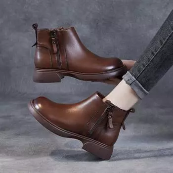 Johnature Британский стиль Натуральная кожа Ботильоны с молнией сбоку Плоские короткие ботинки Челси Женская обувь 35 коричневый