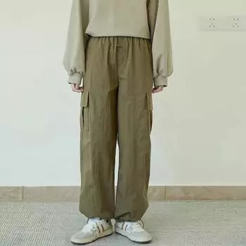 Johnature Cargo Style Elasticated Waist Pocket Drawstring Cargo Pants Autumn Casual Solid Color Outdoor Women Pants S