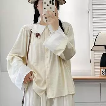Johnature Casual Doll Collar Thin Shirt Women Spring Summer Japanese Mori Loose Tops Women One Size белый