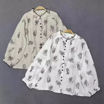 Johnature Casual Spring Autumn Embroidery Round Neck Loose Shirt Women Vintage Long Sleeve Tops One Size белый