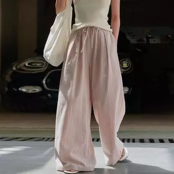 Johnature Повседневные полосатые брюки полной длины, летние простые свободные широкие брюки с эластичной резинкой на талии, женские брюки S розовый