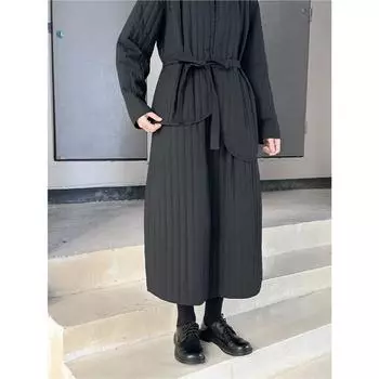 Johnature Черная вертикальная юбка с высокой талией и подкладкой, А-силуэт, осень-зима, повседневная, простая, универсальная, теплая, свободная, женская юбка One Size чёрный