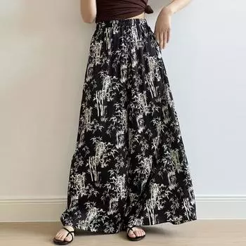 Johnature Chinese Style Bamboo Print Casual Trousers Women Summer Comfortable Straight Drape Loose Wide-leg Pants