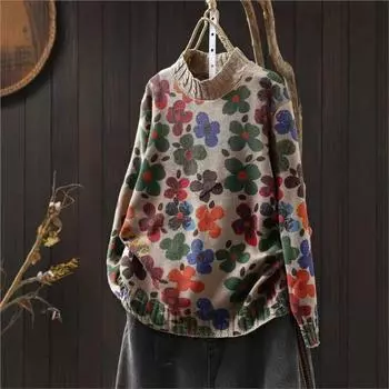 Johnature китайский стиль цветы принт воротник свободный винтажный повседневный свитер женский зимний модный свитер с длинными рукавами One Size тёмно-синий