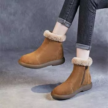 Johnature Теплые плюшевые зимние ботинки из коровьей замши, повседневные универсальные женские короткие ботинки с круглым носком и боковой молнией 35 чёрный