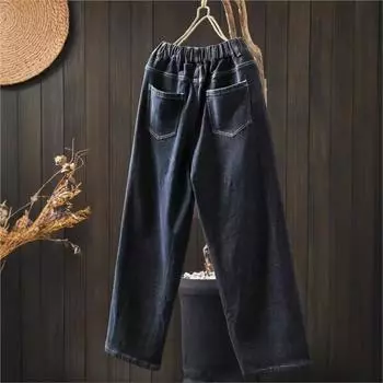 Johnature Cowboy Свободные повседневные брюки-шаровары с эластичной талией в стиле ретро, стирающиеся винтажные модные повседневные брюки в китайском стиле M синий